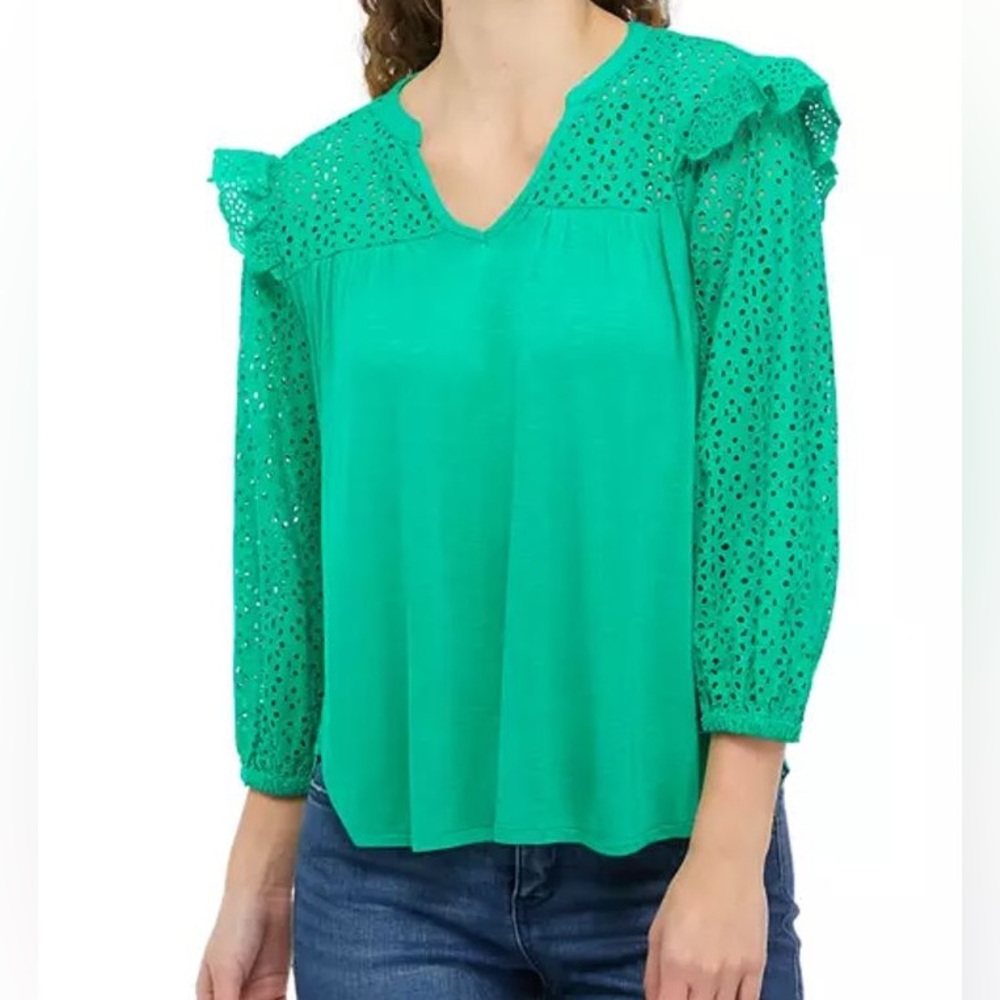 Crown & Ivy 3/4 puff sleeve eyelet knit blouse size XL